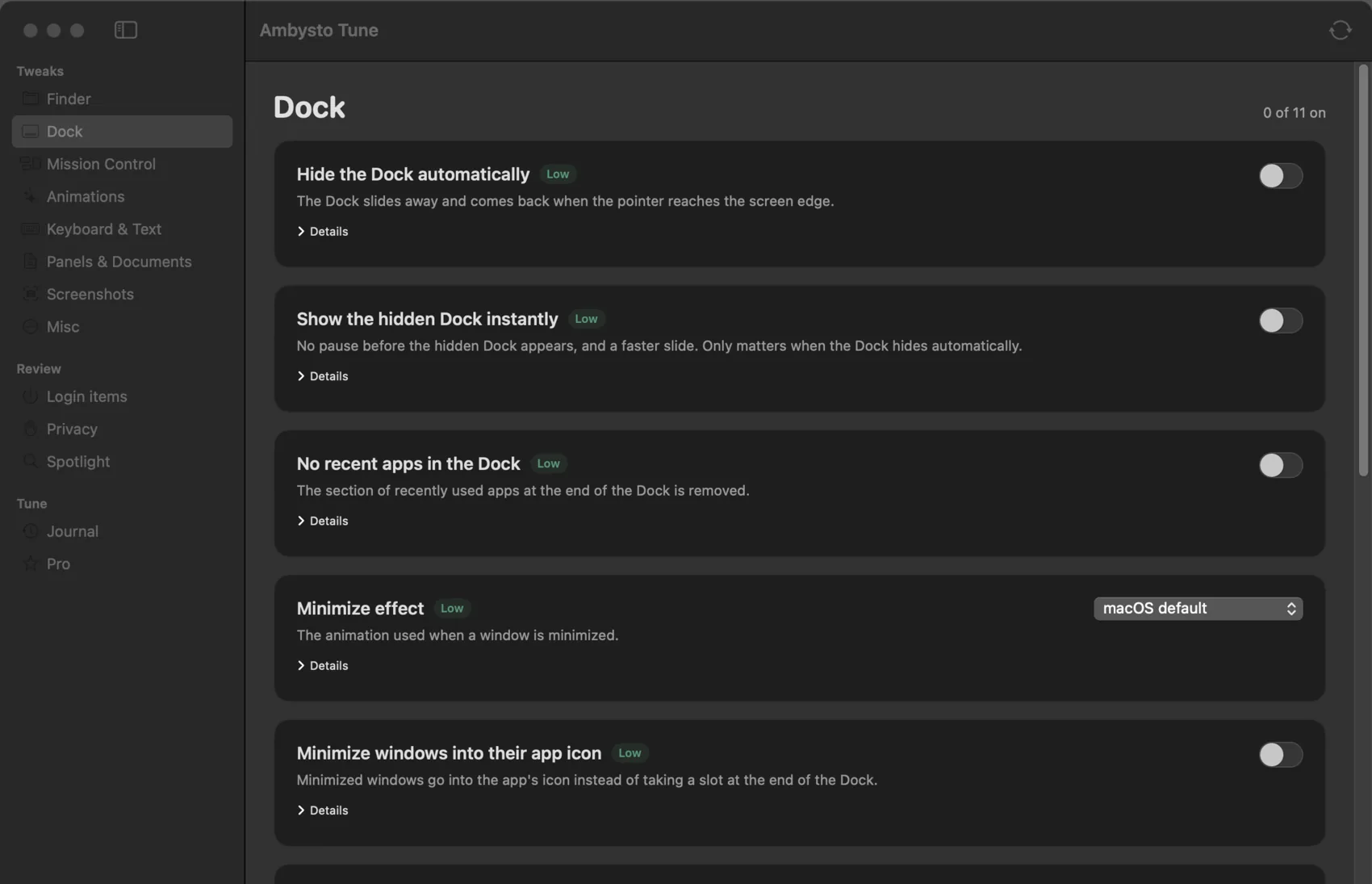 Ambysto Tune, Dock page: each tweak is a switch with a risk label, a one-line explanation and a Details disclosure