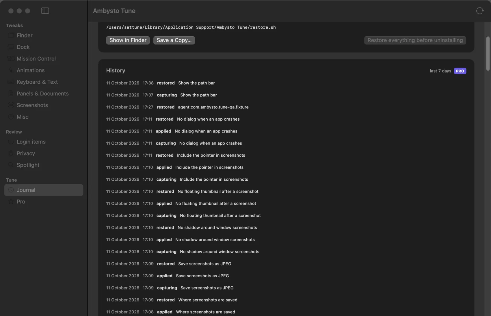 Tune journal: the restore script path, and a history of captured, applied and restored tweaks with their times