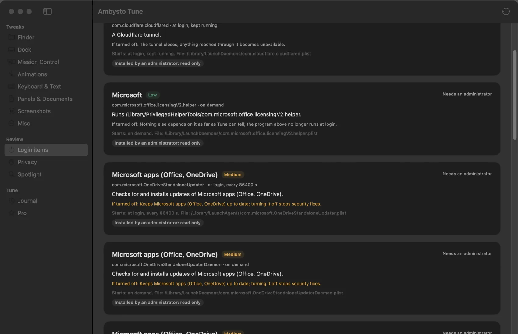 Tune login items: background items with what they run, when they start, what turning them off changes, and a read-only label for items an administrator installed